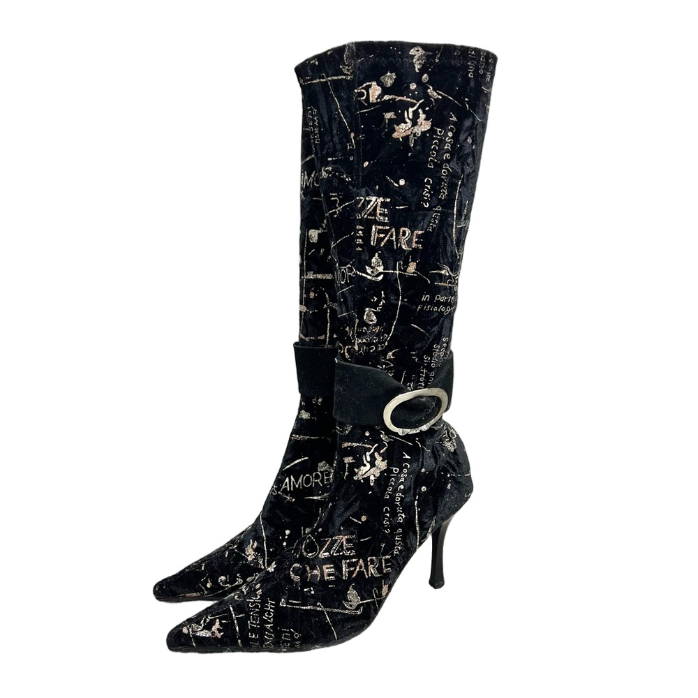 Henry Ferrara stretch velour black glitter rose gold high heel tall boots 7.5